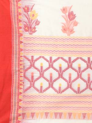 Off white and red cotton saree with traditional woven border 4