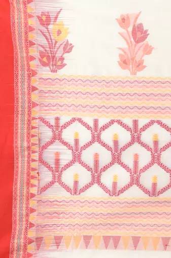 Off white and red cotton saree with traditional woven border