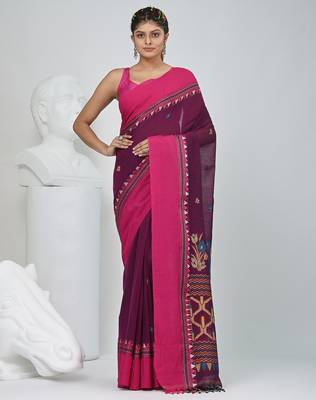 Magenta and pink cotton saree with traditional woven border 1