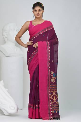 Magenta and pink cotton saree with traditional woven border
