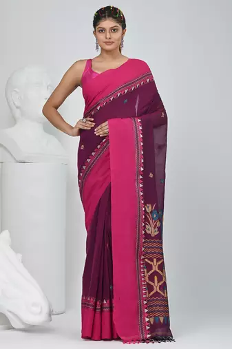 Magenta and pink cotton saree with traditional woven border