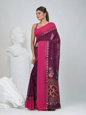 Magenta and pink cotton saree with traditional woven border 2