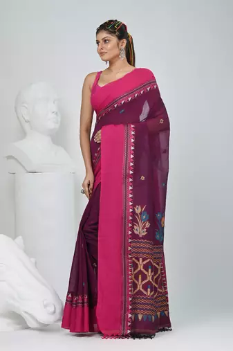 Magenta and pink cotton saree with traditional woven border