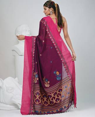 Magenta and pink cotton saree with traditional woven border 3