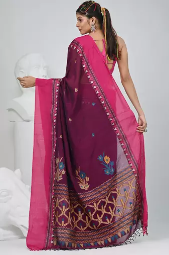 Magenta and pink cotton saree with traditional woven border