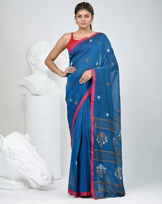Sapphire blue handwoven cotton saree with pink border and traditional motifs 1