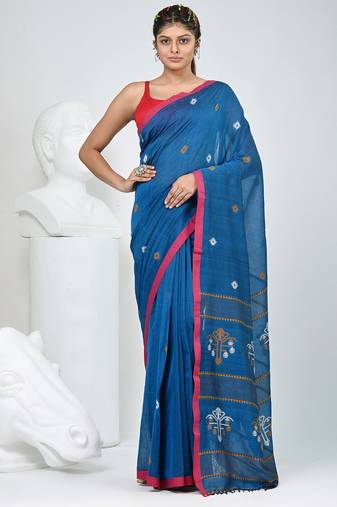 Sapphire blue handwoven cotton saree with pink border and traditional motifs