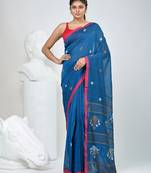Sapphire blue handwoven cotton saree with pink border and traditional motifs