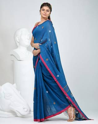 Sapphire blue handwoven cotton saree with pink border and traditional motifs 2