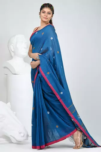 Sapphire blue handwoven cotton saree with pink border and traditional motifs