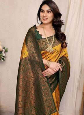 Banarasi Soft Silk Saree With Blouse Set For Women's 4