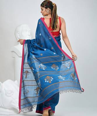 Sapphire blue handwoven cotton saree with pink border and traditional motifs 3