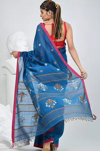 Sapphire blue handwoven cotton saree with pink border and traditional motifs