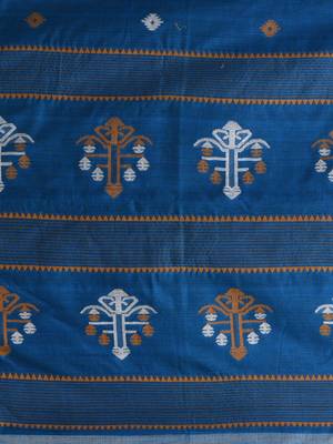 Sapphire blue handwoven cotton saree with pink border and traditional motifs 4