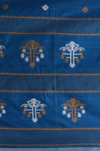 Sapphire blue handwoven cotton saree with pink border and traditional motifs