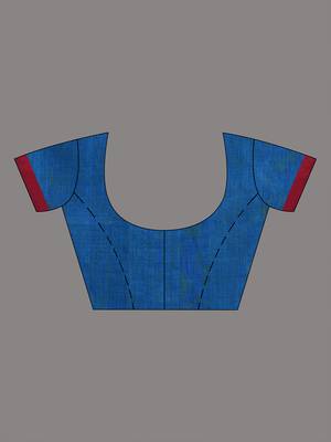 Sapphire blue handwoven cotton saree with pink border and traditional motifs 5