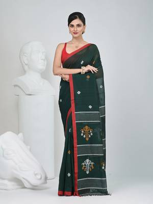 Green handwoven cotton saree with red border and traditional motifs 1