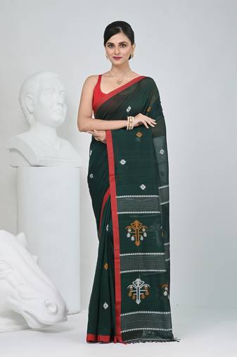 Green handwoven cotton saree with red border and traditional motifs
