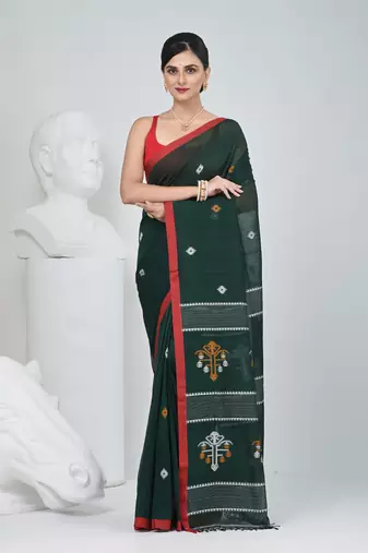 Green handwoven cotton saree with red border and traditional motifs