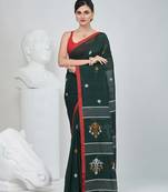Green handwoven cotton saree with red border and traditional motifs