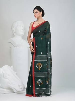 Green handwoven cotton saree with red border and traditional motifs 2