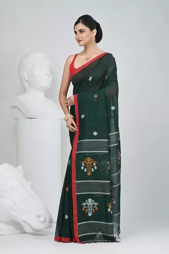 Green handwoven cotton saree with red border and traditional motifs