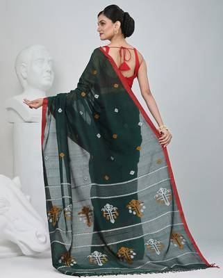 Green handwoven cotton saree with red border and traditional motifs 3