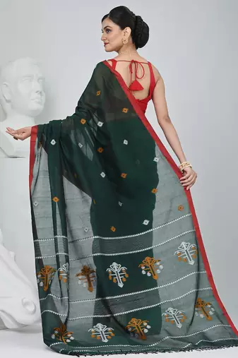 Green handwoven cotton saree with red border and traditional motifs