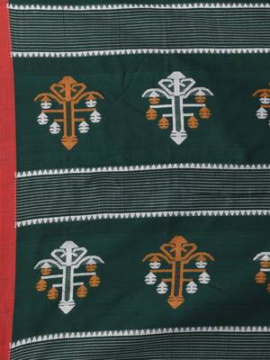 Green handwoven cotton saree with red border and traditional motifs 4