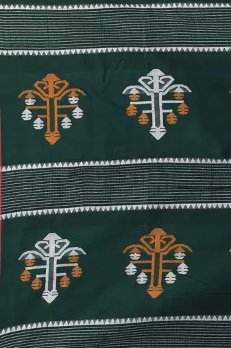 Green handwoven cotton saree with red border and traditional motifs