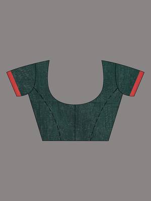 Green handwoven cotton saree with red border and traditional motifs 5