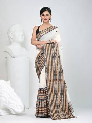 Off white cotton saree with intricate striped border and tassels 5