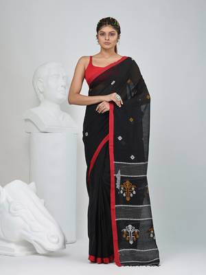 Black handwoven cotton saree with red border and traditional motifs 1