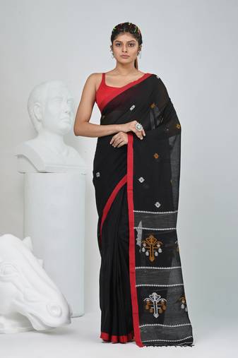 Black handwoven cotton saree with red border and traditional motifs