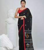Black handwoven cotton saree with red border and traditional motifs
