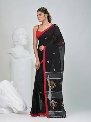 Black handwoven cotton saree with red border and traditional motifs 2