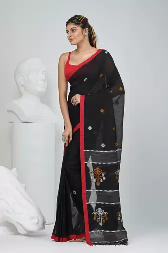 Black handwoven cotton saree with red border and traditional motifs