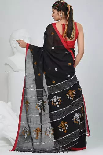 Black handwoven cotton saree with red border and traditional motifs