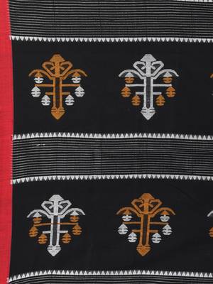 Black handwoven cotton saree with red border and traditional motifs 4
