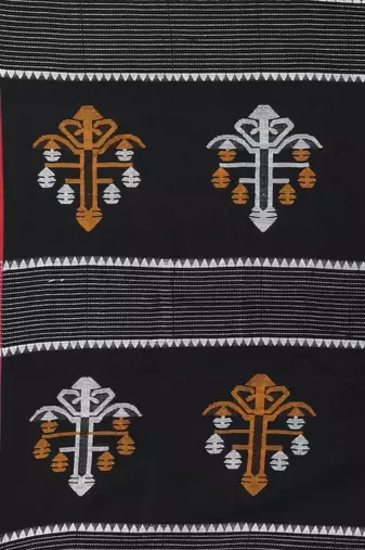 Black handwoven cotton saree with red border and traditional motifs