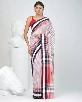 White & black striped cotton saree with red accents and stripe pattern 1