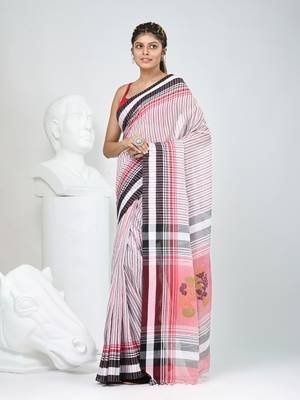 White & black striped cotton saree with red accents and stripe pattern 2