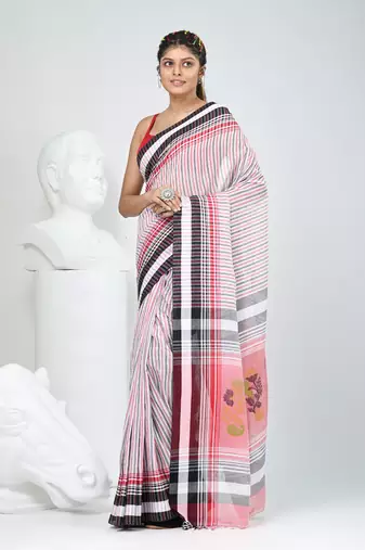 White & black striped cotton saree with red accents and stripe pattern