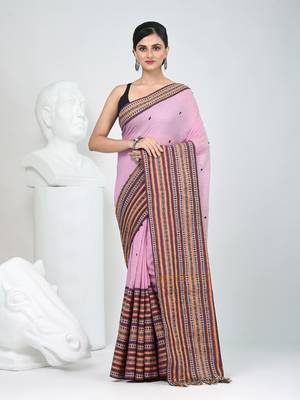 Dusky pink cotton saree with intricate striped border and tassels 5