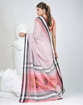 White & black striped cotton saree with red accents and stripe pattern 3