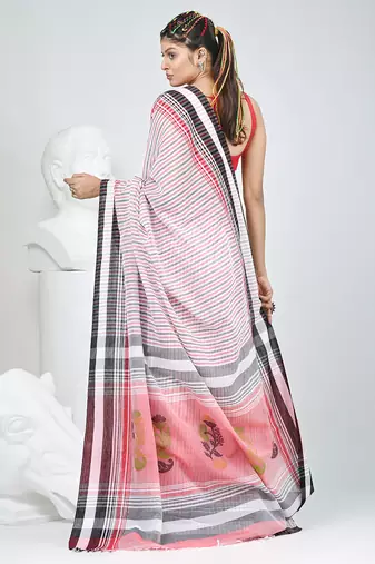 White & black striped cotton saree with red accents and stripe pattern
