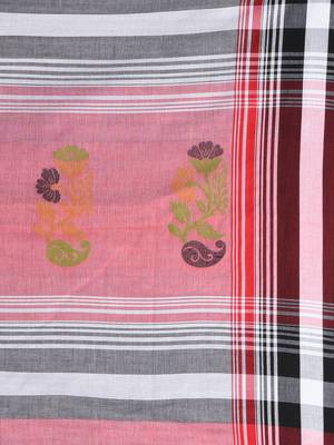 White & black striped cotton saree with red accents and stripe pattern 4