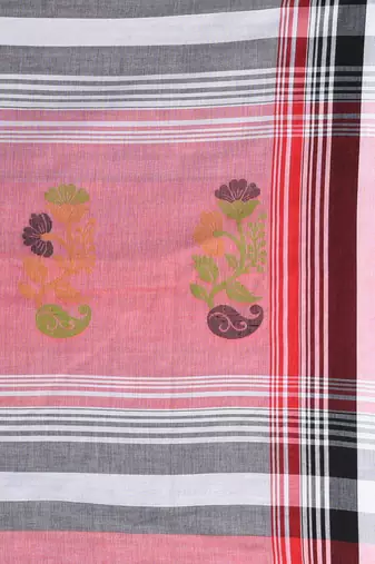 White & black striped cotton saree with red accents and stripe pattern
