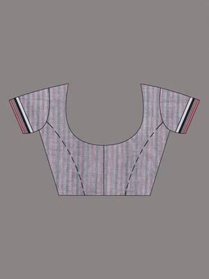 White & black striped cotton saree with red accents and stripe pattern 5