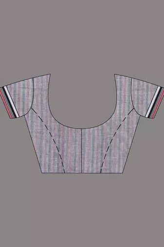 White & black striped cotton saree with red accents and stripe pattern